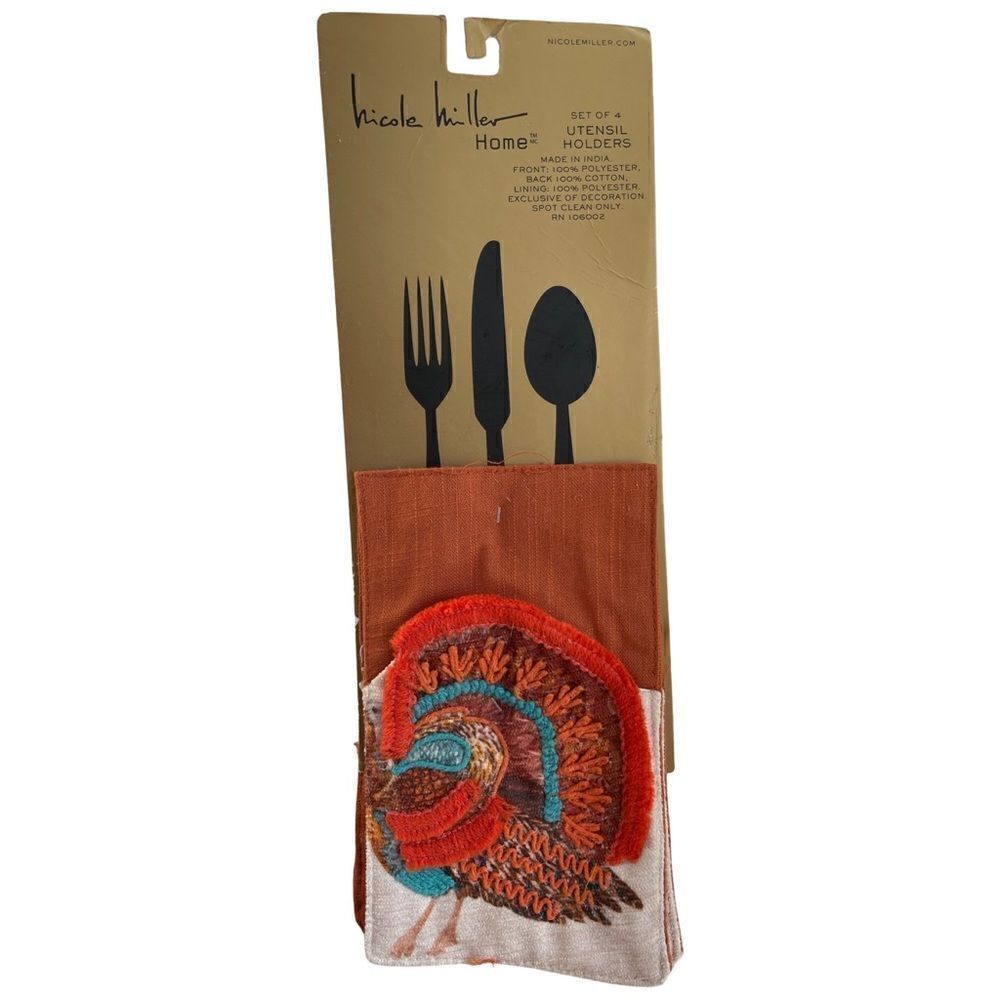 Nicole Miller Home Embroidered Turkey Thanksgiving Utensil Holders Set of 4 NWT